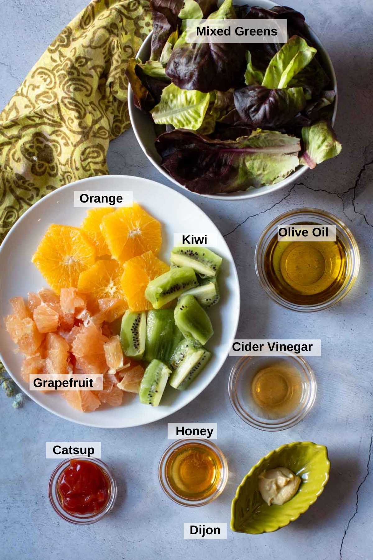Ingredients to make citrus salad and citrus salad dressing.