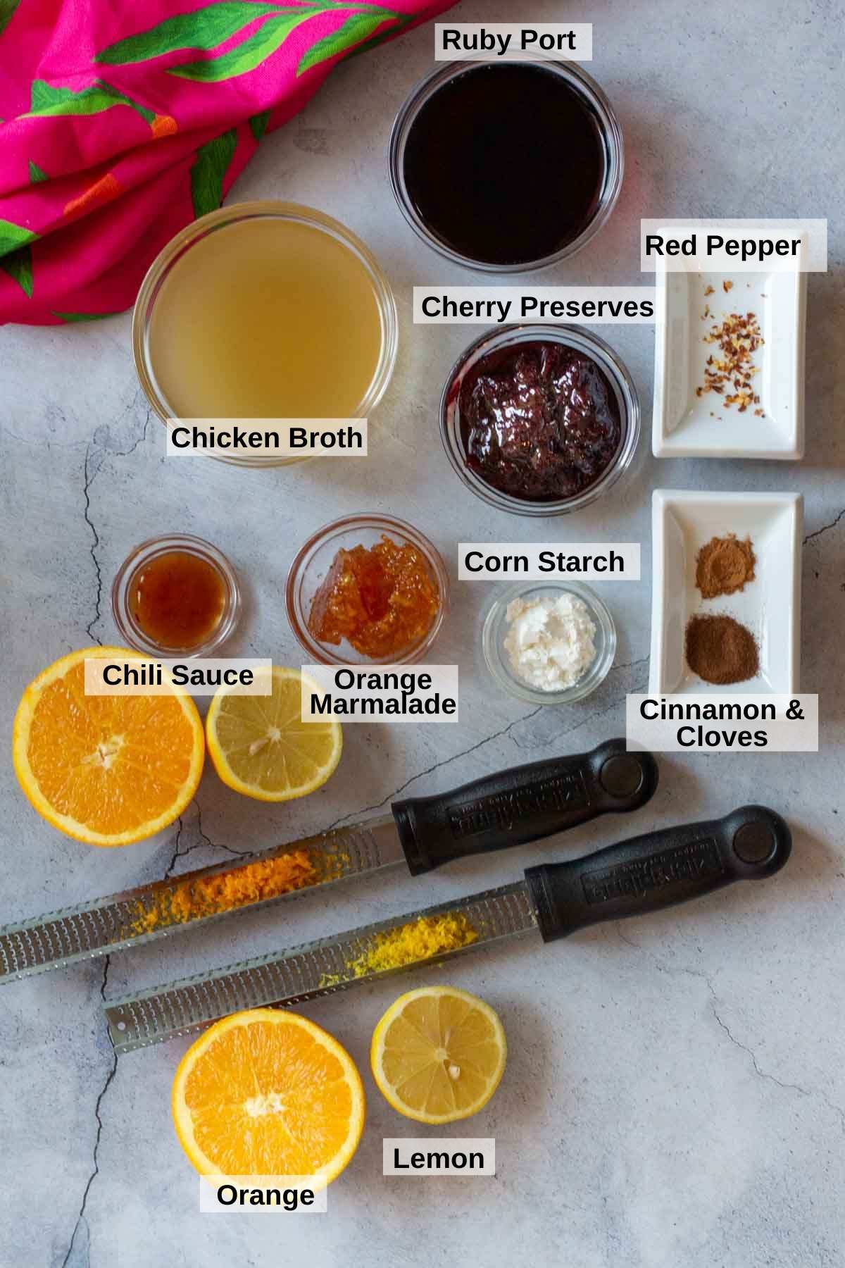 Ingredients to make cherry bbq sauce.