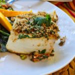 Halibut fillet topped with a cilantro bread crumb mixture