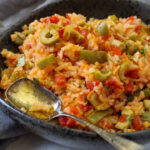 Mexican Green Rice with bell peppers, green olives and tomatoes