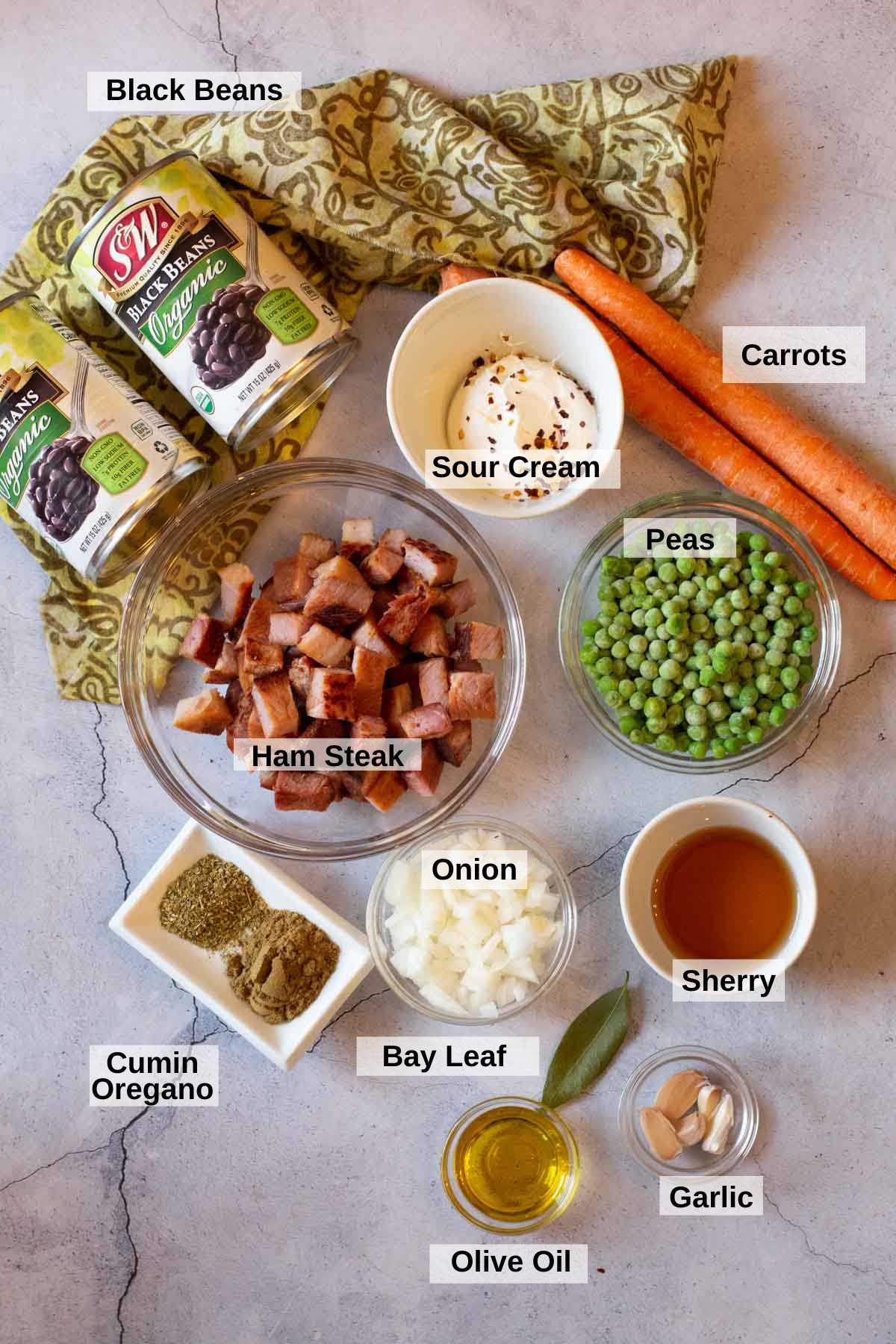 Ingredients to make black bean soup with ham.