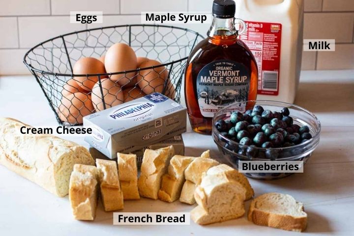 Ingredients to make blueberry french toast casserole