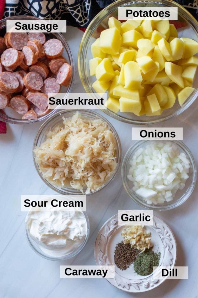 Ingredients to make sausage sauerkraut soup.