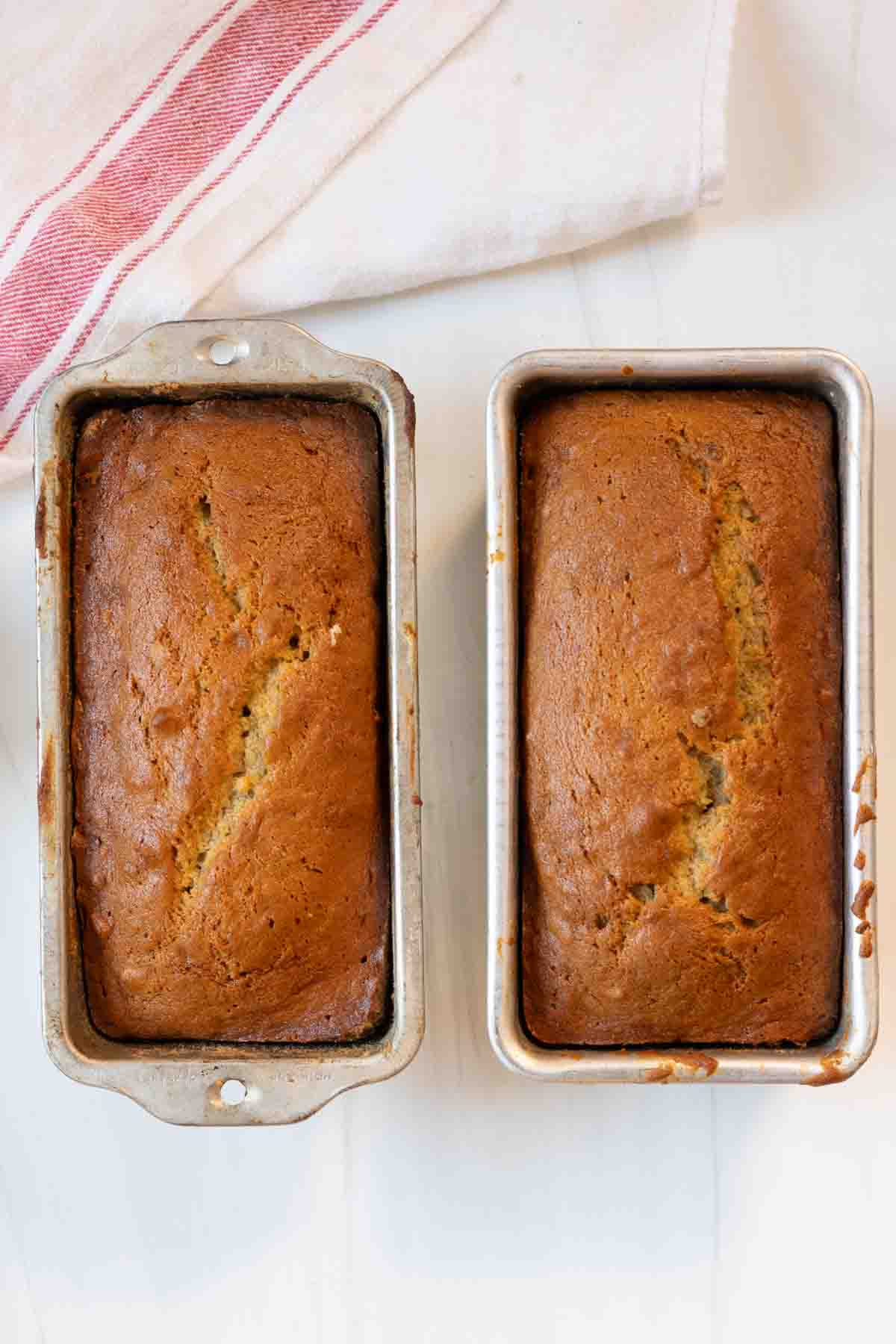 Baked banana nut bread in loaf pans.
