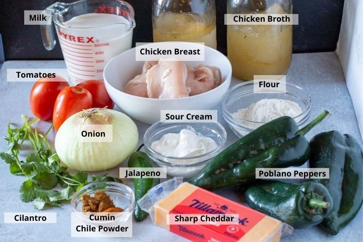 Ingredients to make chicken cheese chile soup