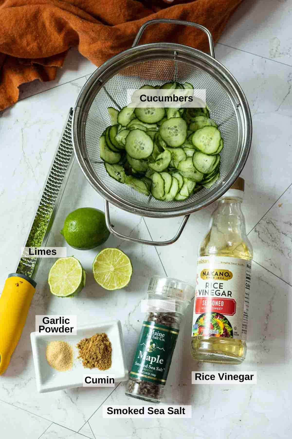 Ingredients to make cumin lime quick pickles.
