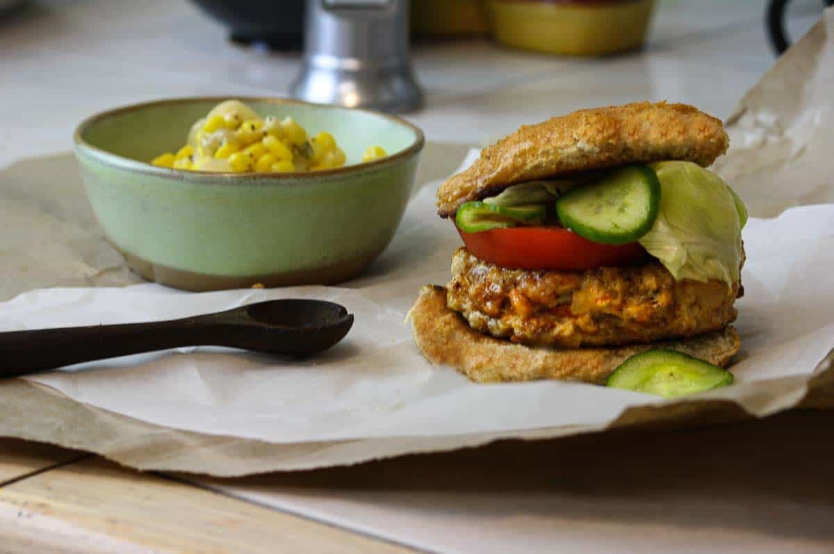Chicken chorizo burger with homemade quick pickles.