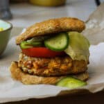 Chorizo burgers with cumin lime quick pickles.