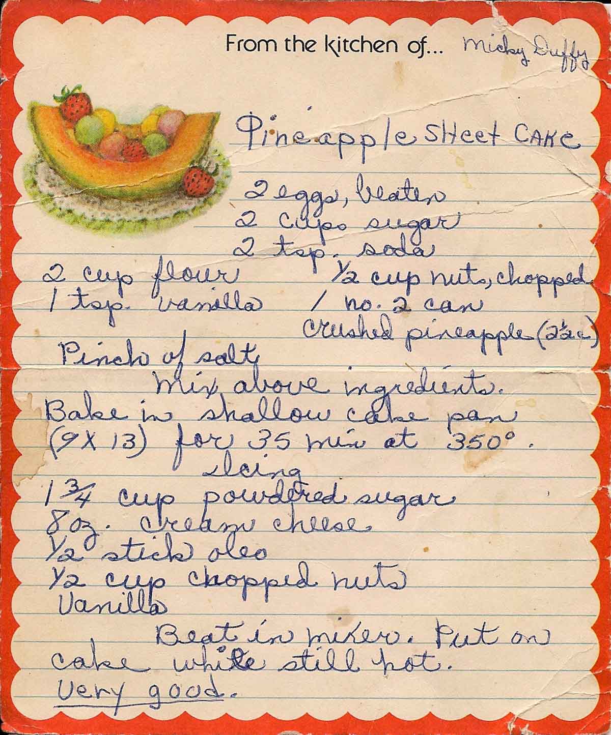 handwritten recipe card for Pineapple Sheet Cake.