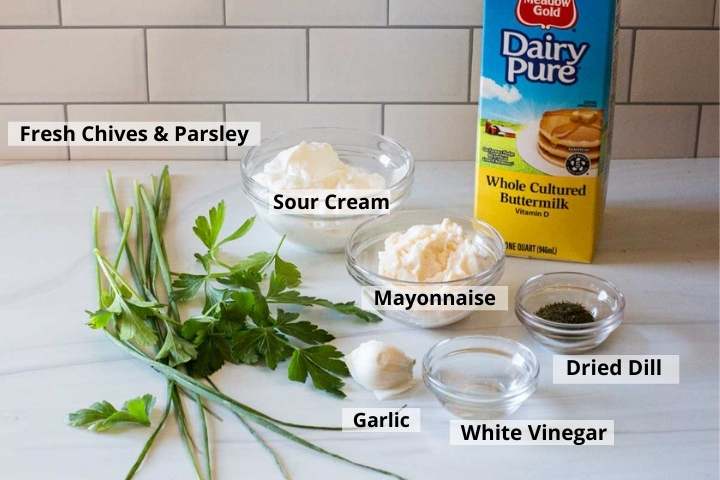 Ingredients to make homemade buttermilk ranch dressing