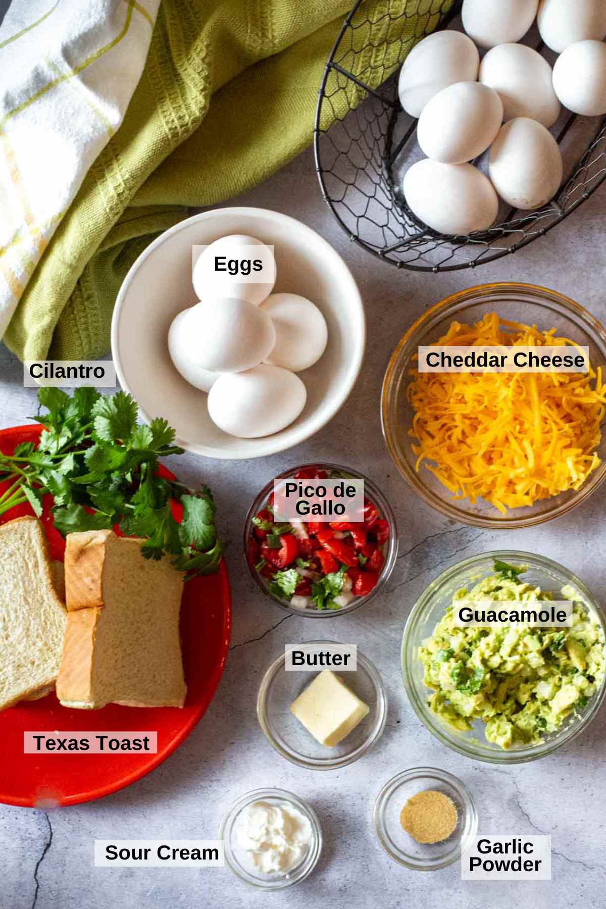Ingredients to make a scrambled egg sandwich.
