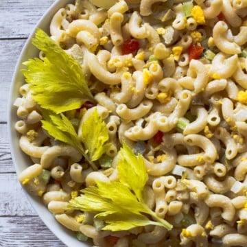 Elbow Macaroni Summer Pasta Salad recipe with celery and hard boiled eggs