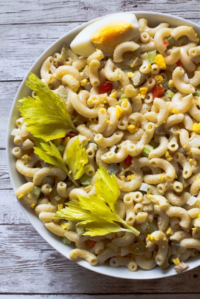 Elbow Macaroni Summer Pasta Salad recipe with celery and hard boiled eggs