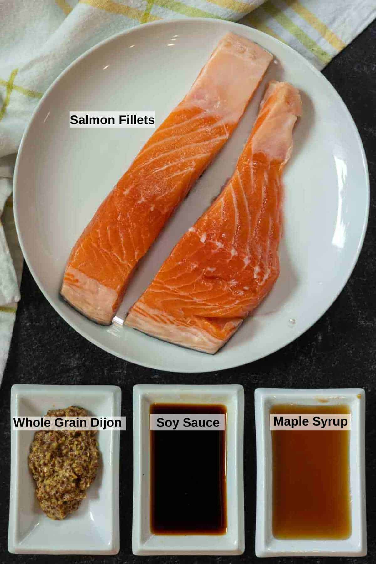 Ingredients to make maple syrup glazed salmon.