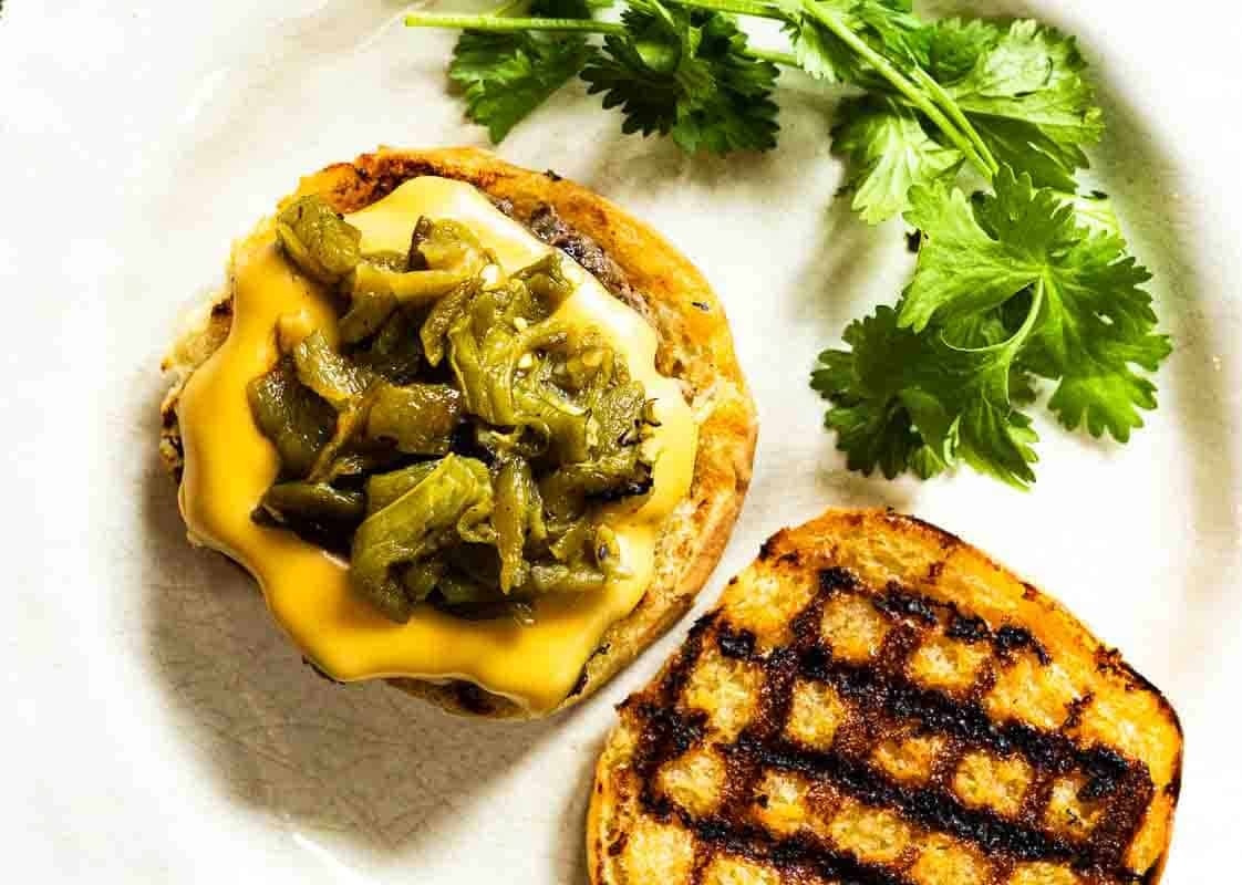 Green Chile Cheeseburger with a toasted bun.