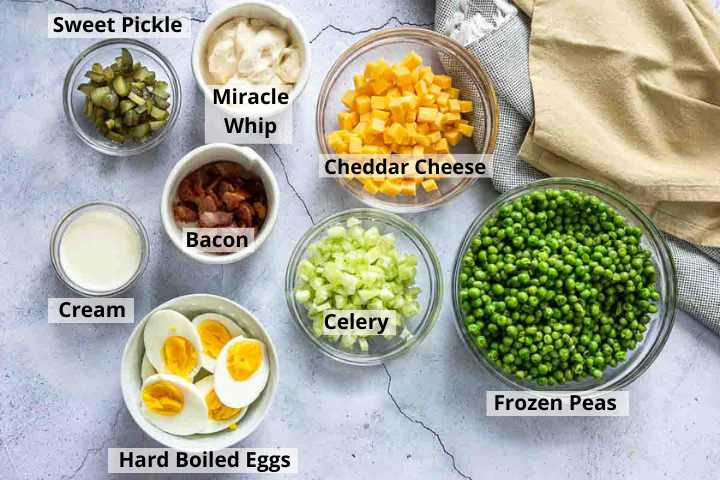 Ingredients to make old fashioned green pea salad.