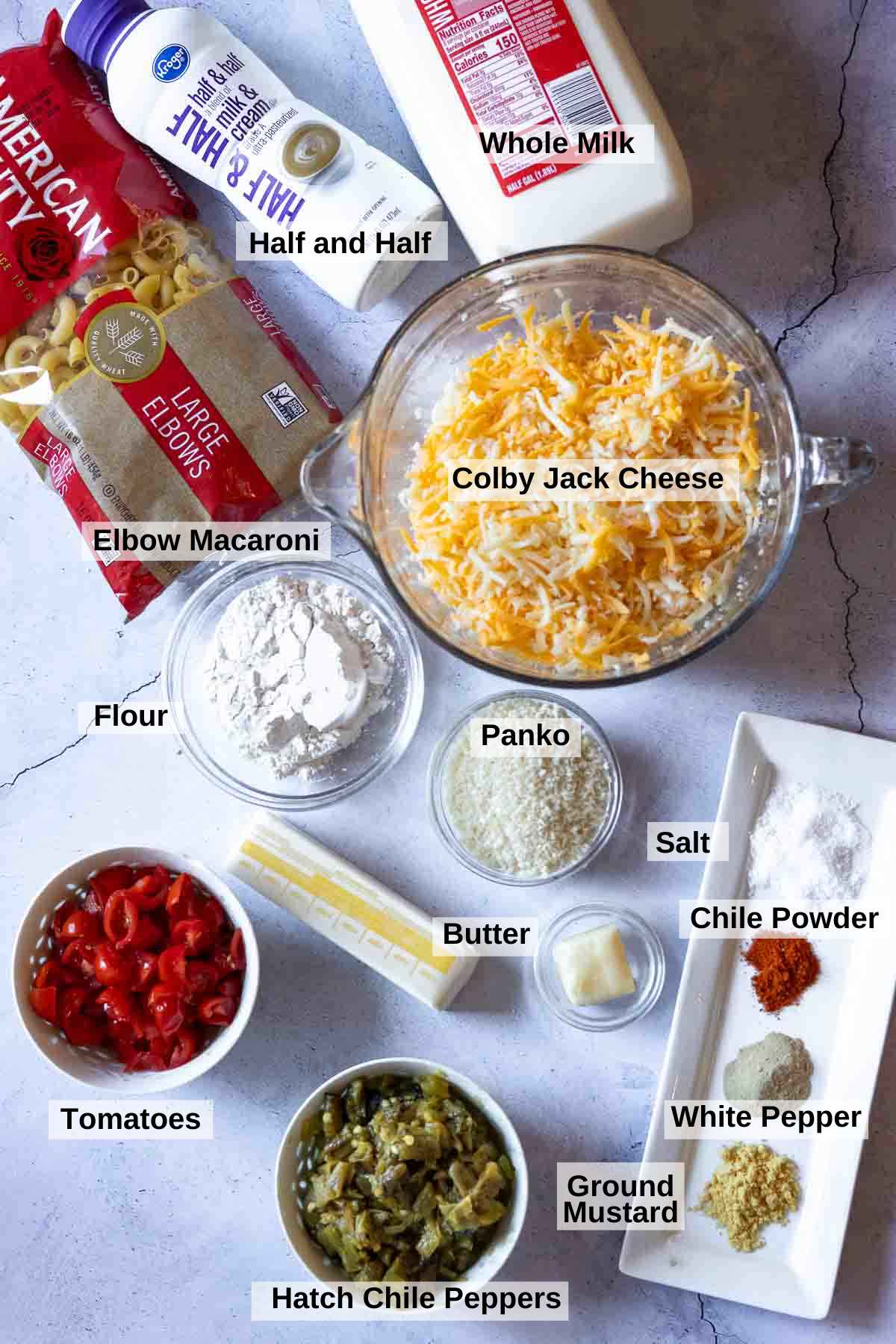 Ingredients to make Hatch chile pepper mac and cheese.