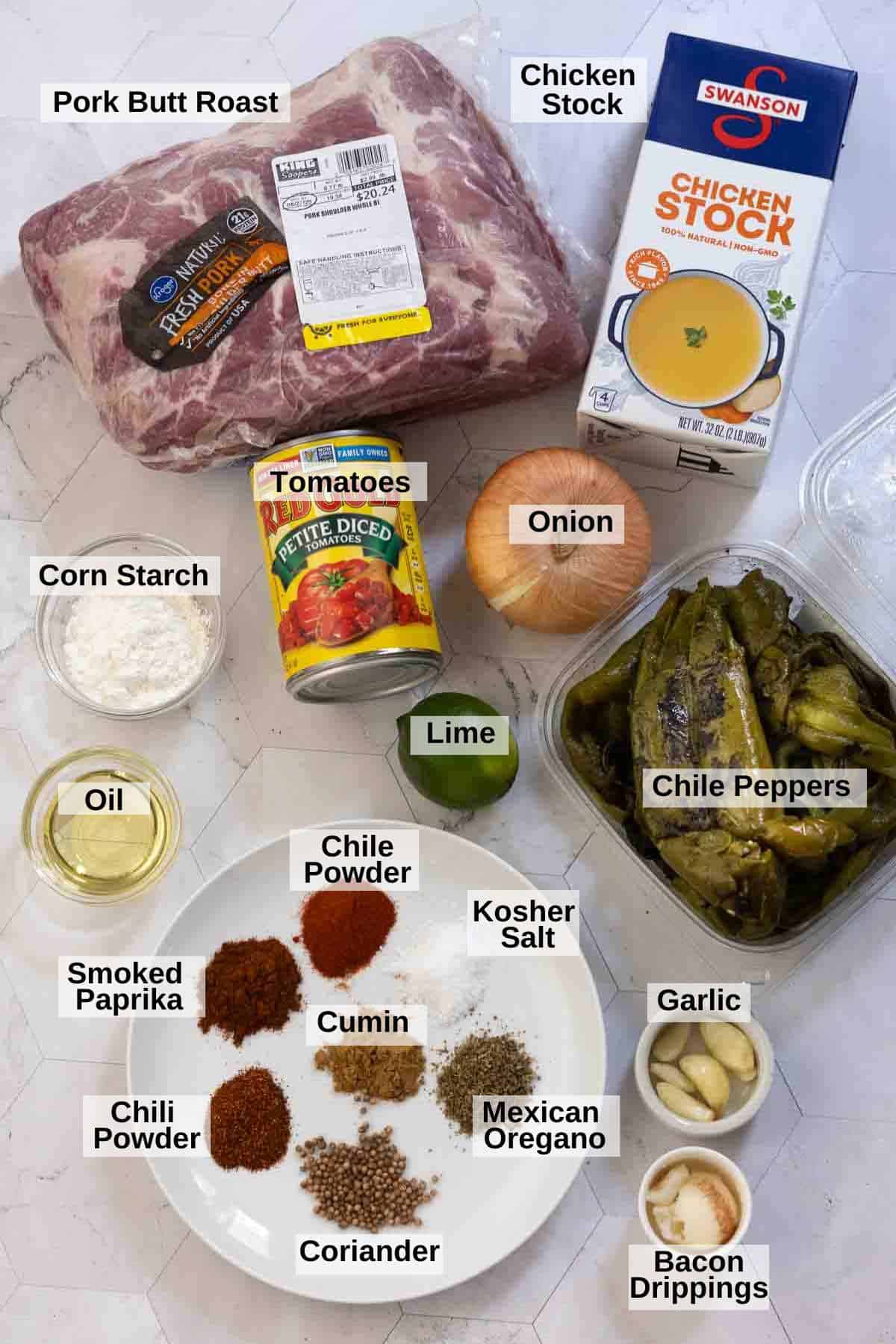 Ingredients to make Hatch Green Chili with Pork, Colorado Style.