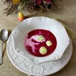 Beet soup with horseradish dumplings and sour cream.