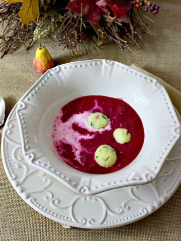 Beet soup with horseradish dumplings and sour cream.