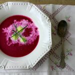 Creamy beat soup with horseradish dumplings.