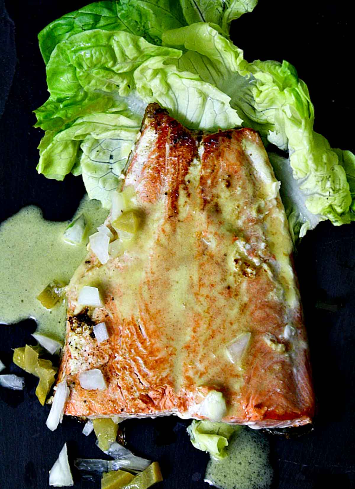 Salmon with preserved lemon vinaigrette.