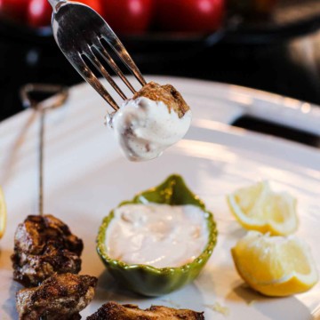 Mediterranean chicken kabobs with greek yogurt sauce.