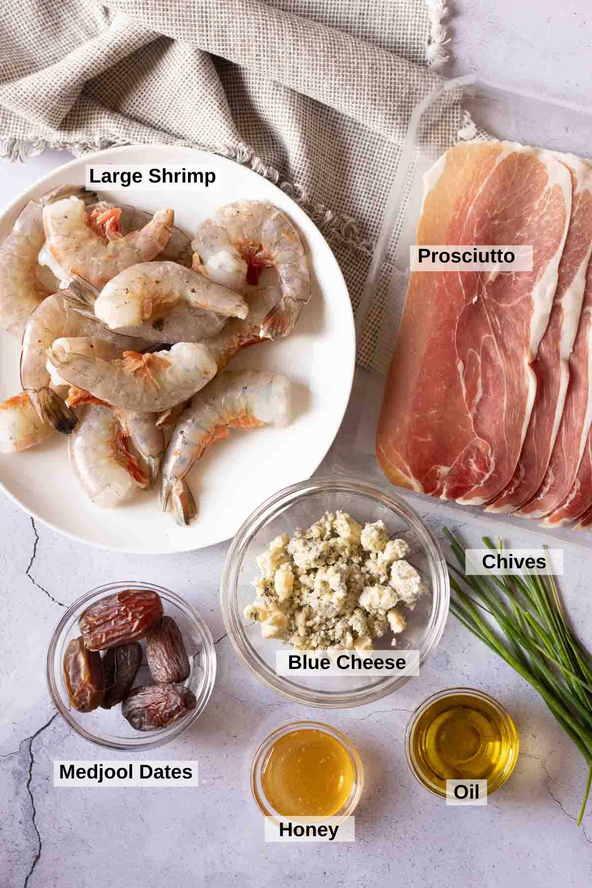 Ingredients to make prosciutto wrapped shrimp.
