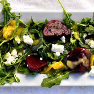 Pickled beet salad with feta cheese and mustard vinaigrette.