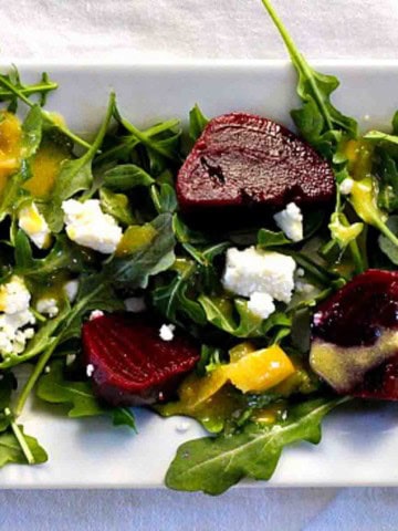 Pickled beet salad with feta cheese and mustard vinaigrette.