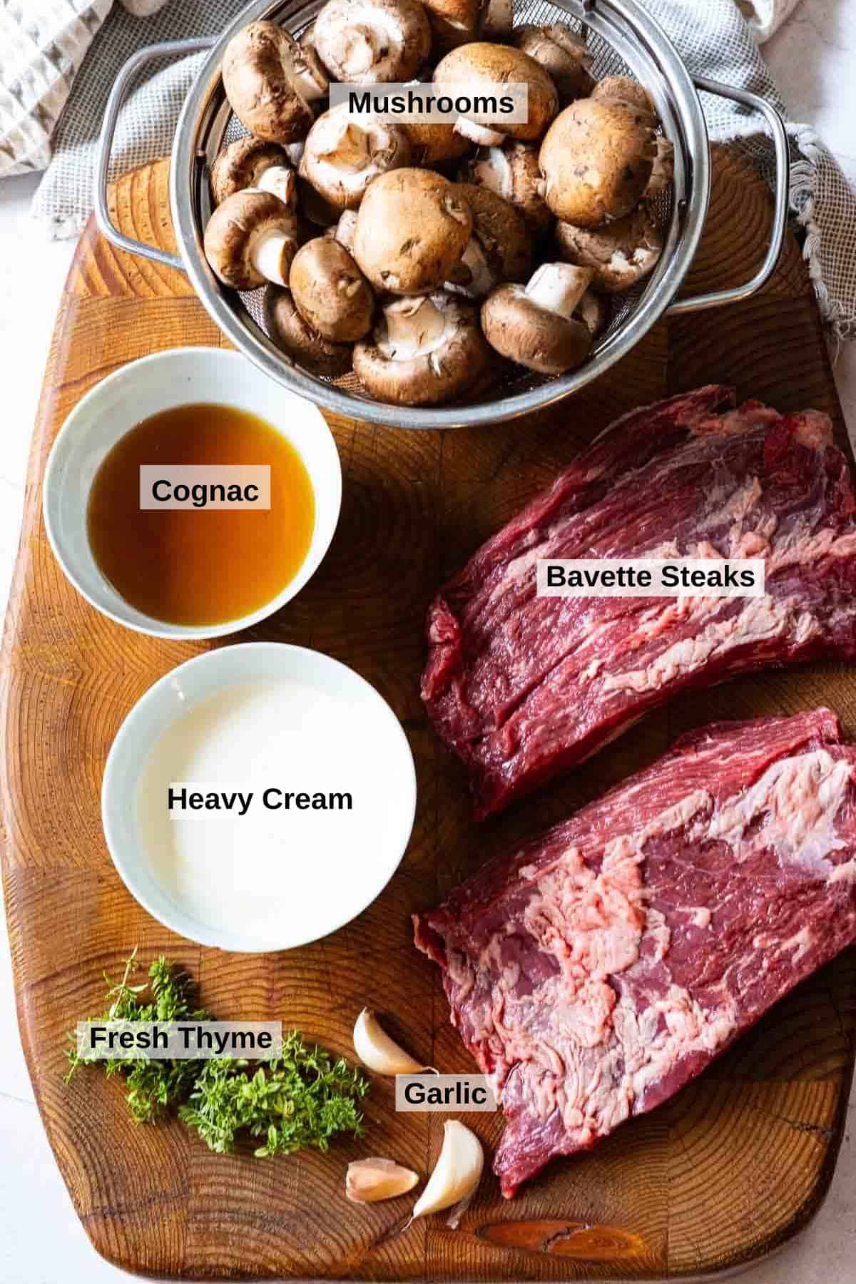 Ingredients to make bavette steak with cognac creamed mushrooms.