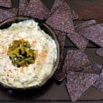 Cream cheese Hatch chile dip served with blue corn tortilla chips.