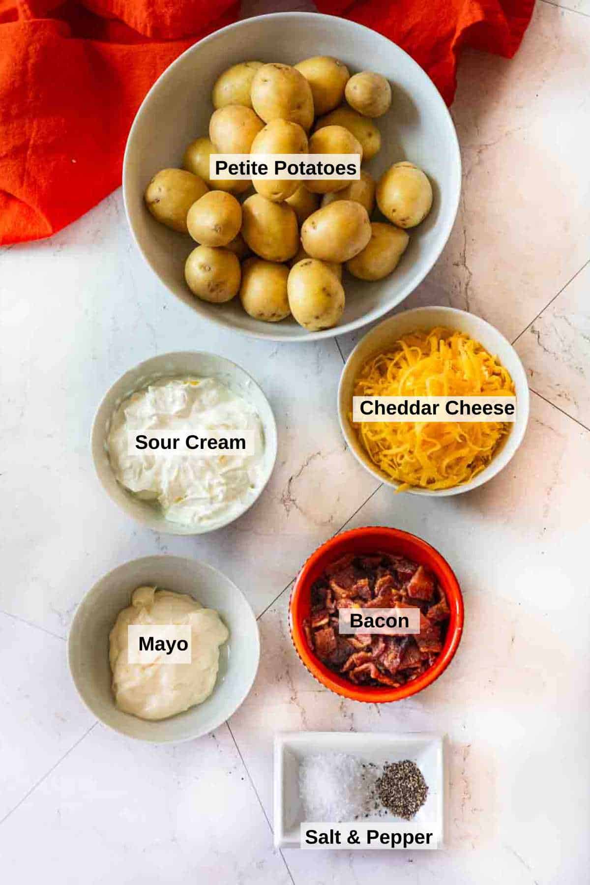 Ingredients to make potato salad with bacon.