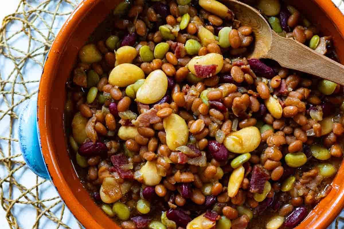 Calico beans in a serving bowl.