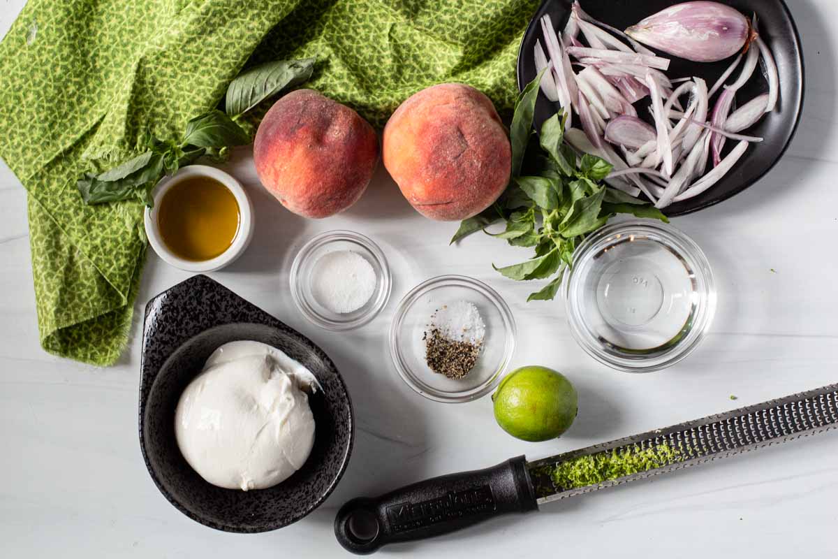 Ingredients to make peach burrata salad recipe