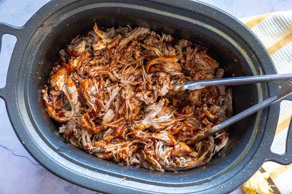 BBQ pulled pork sliders in the slow cooker.