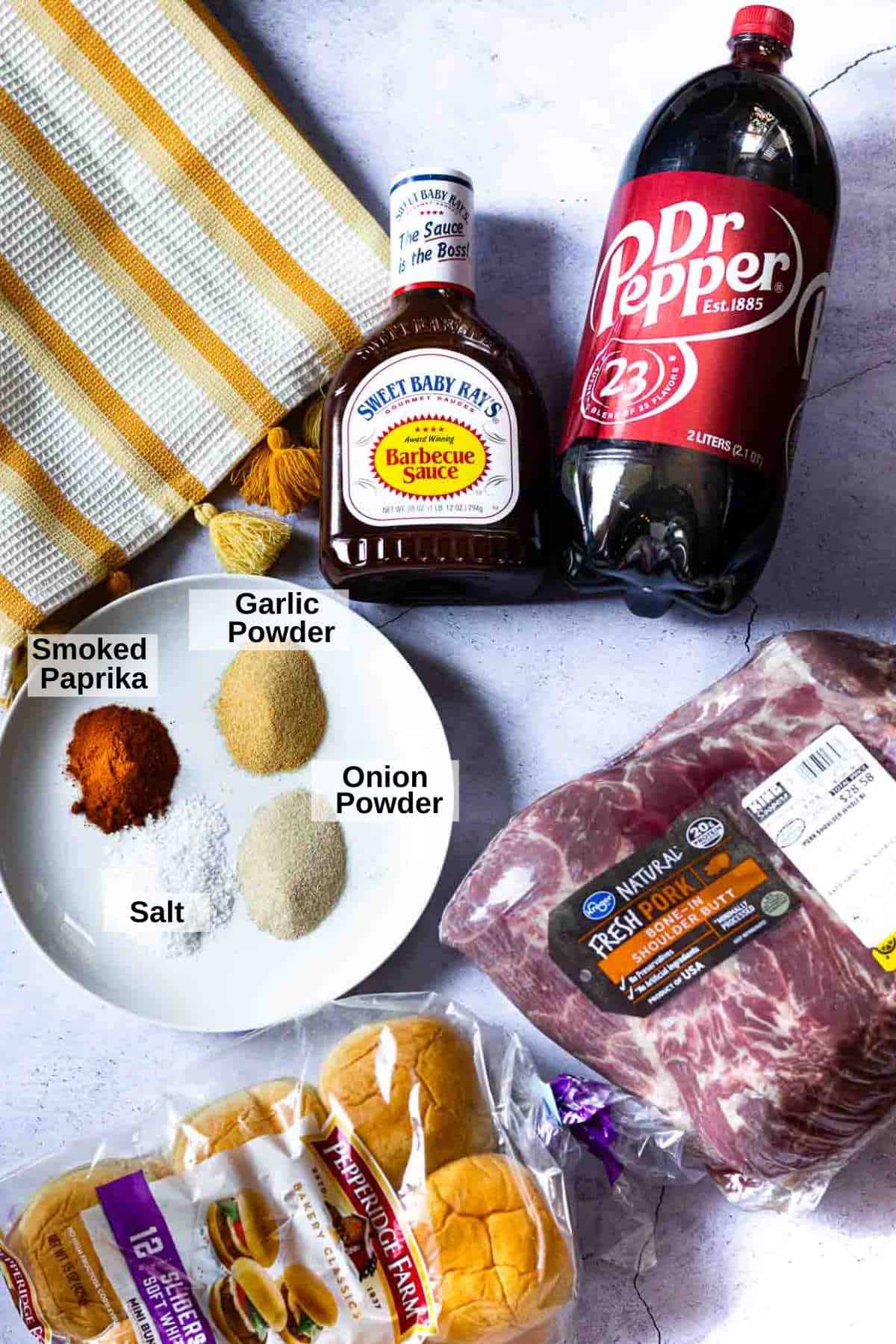 Ingredients to make Dr. Pepper barbecue pulled pork sliders.