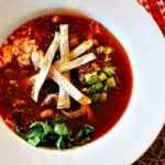 Vegetarian Tortilla Soup topped with tortilla chip strips and avocado.