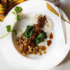 New Mexico Beans and chicos served with rice and chard.