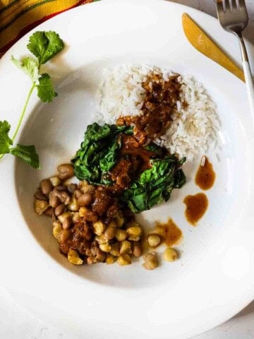 New Mexico Beans and chicos served with rice and chard.