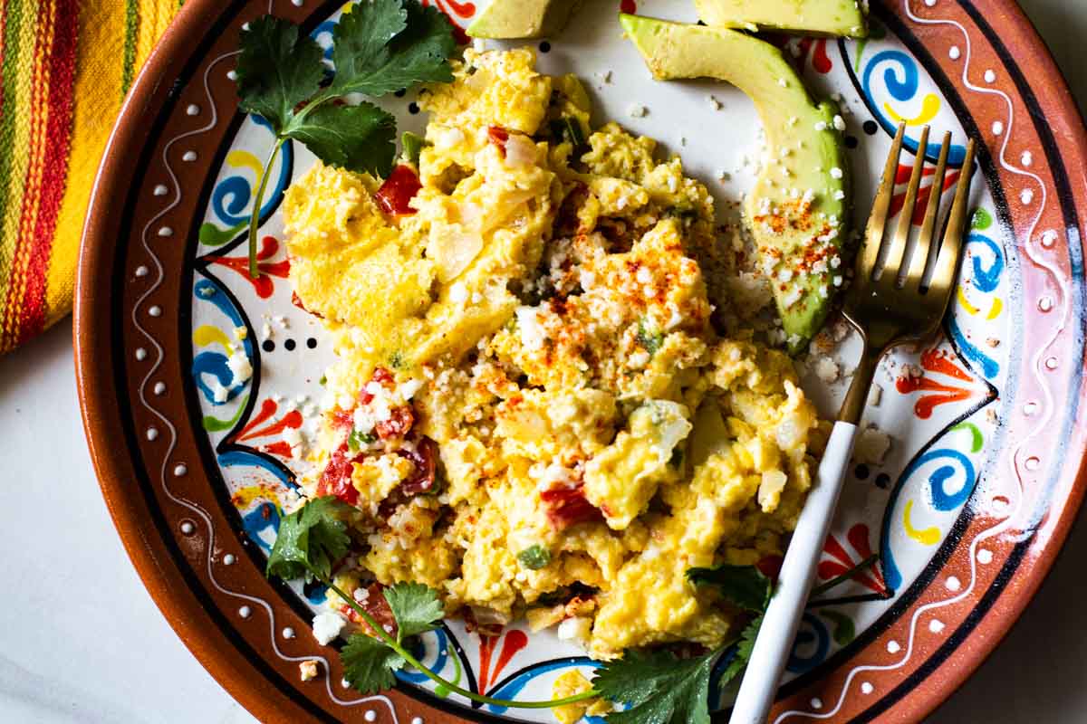 Mexican scrambled eggs with avocado.