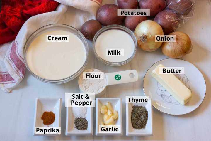 Ingredients to make gluten free scalloped potatoes.