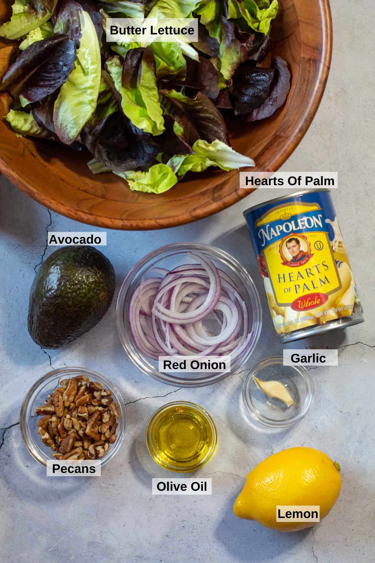 Ingredients to make hearts of palm salad.