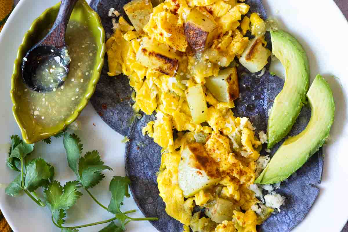 Scrambled egg and potato breakfast tacos.