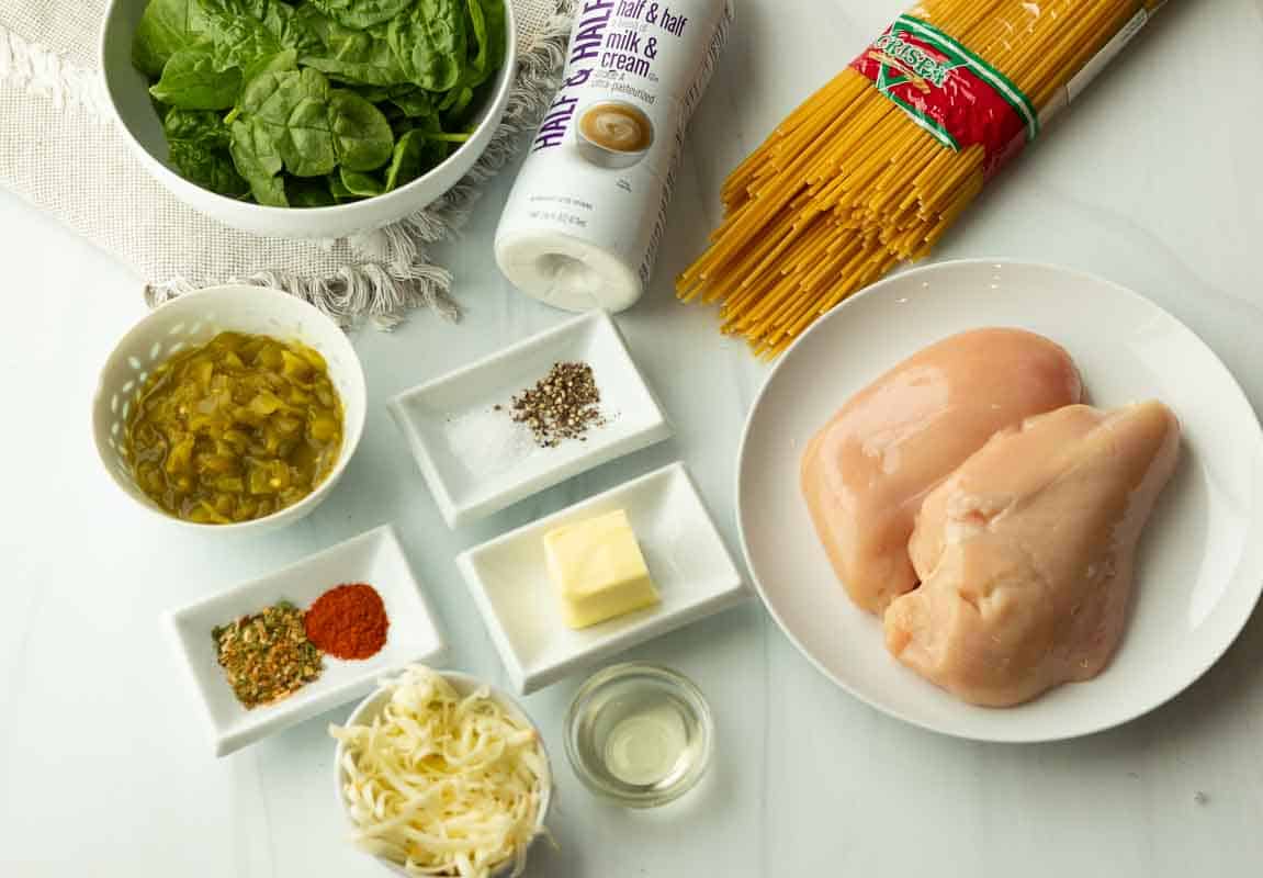 Ingredients to make Hatch Chile Pasta.