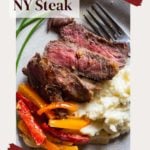 Bison strip steak with mashed potatoes and sliced peppers.