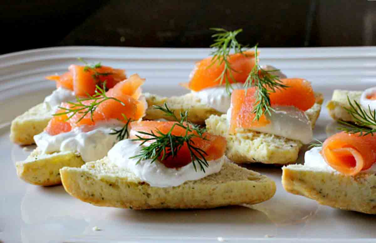 Dill scones topped with horseradish sauce and smoked trout.