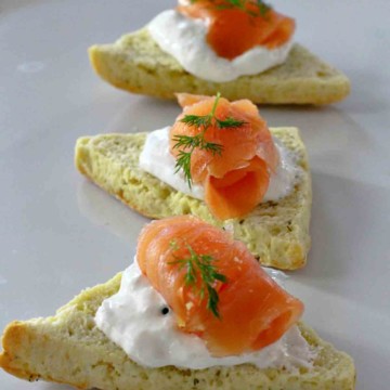 Smoked trout appetizer on dill scones.