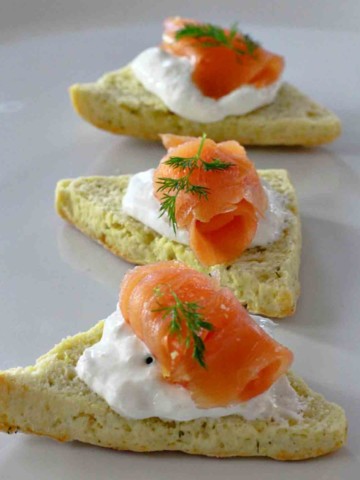 Smoked trout appetizer on dill scones.