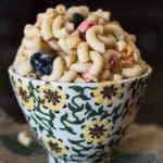 Pioneer Woman Macaroni Salad in a sunflower design bowl.